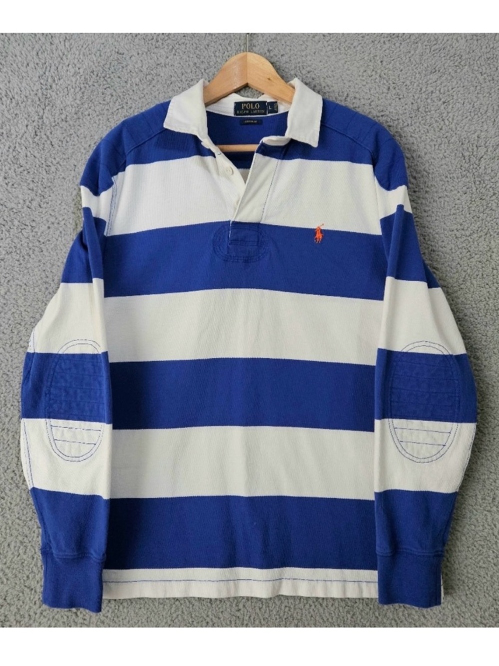 Polo by Ralph Lauren Blue & White Striped Rugby Shirt with Elbow Patches size L